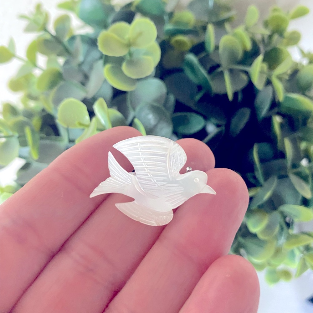Mother of Pearl etched Dove Pin measures 1.25” length